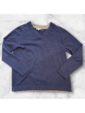 Orvis Men's V Neck Pullover Sweater Blue Large 100% Merino Wool